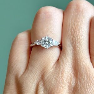 1ct Round Moissanite 3 Stone Ring in Sterling Silver, Size 7